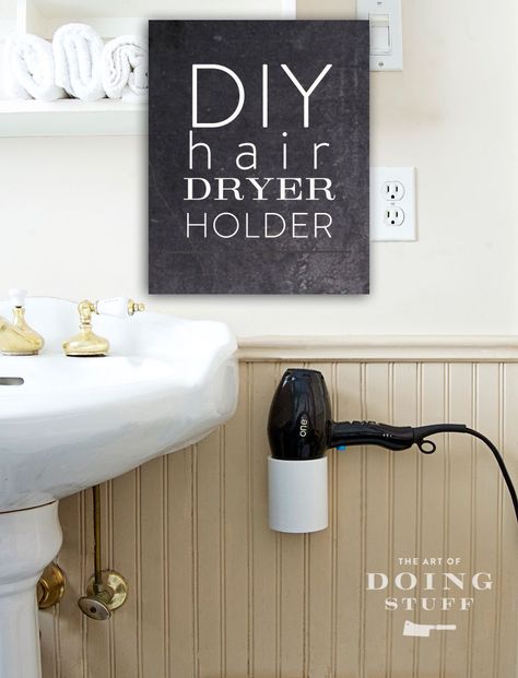 Make a DIY hairdryer holder for your tiny bathroom in 4 easy. Everything you need can be bought at your local hardware store AND best of all it looks great. Diy Hairdryer Holder, Diy Hair Dryer Holder, Blow Dryer Storage, Curling Iron Storage, Hairdryer Holder, Blow Dryer Holder, Hair Dryer Stand, Hair Dryer Storage, Dryer Stand