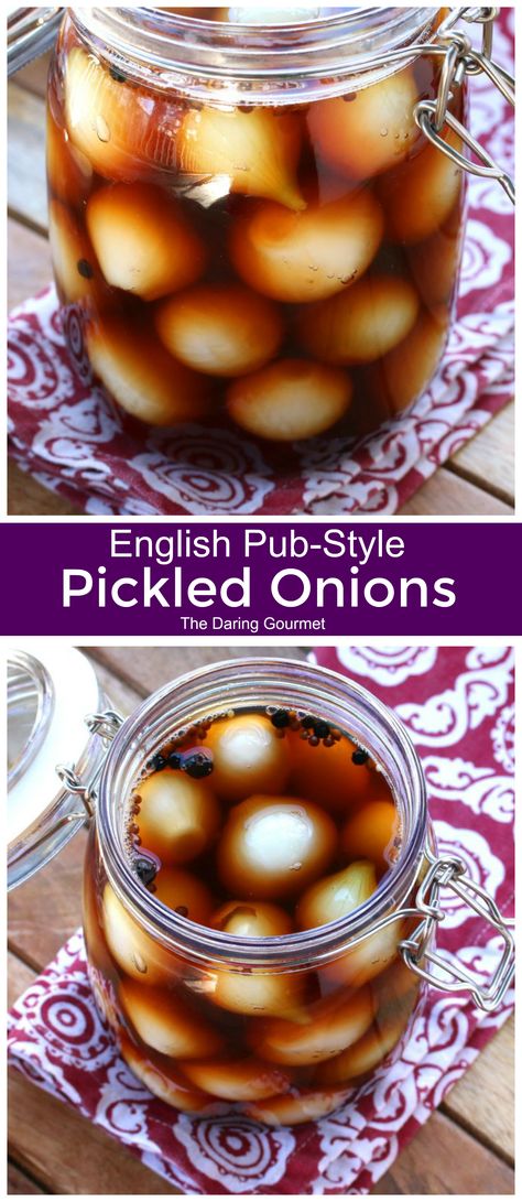 Practically a British institution, it’s hard to imagine life in Great Britain without pickled onions!  Tasty and addictive, you'll want to make a double batch! Pickled Onions Recipe, Pickle Onions Recipe, Pickled Foods, English Pub, Pickled Eggs, Yorkshire Pudding, Onion Recipes, Pickled Onions, English Food