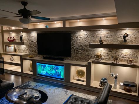 Living Room Designs With Fish Tank, Bathtub With Tv On Wall, Tv Unit With Fish Tank Design Modern, Fish Tank Tv Wall, Tv Unit With Fish Tank, Media Wall With Fish Tank, Built In Fish Tank Wall, Aquarium Under Tv, Fish Tank Wall