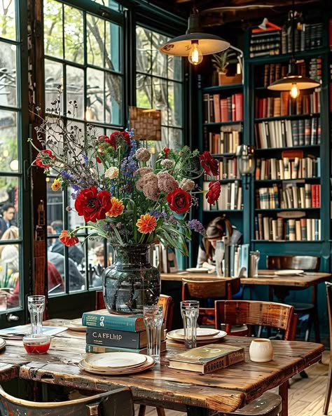 Cafe Decor Cozy, Bookstore Cafe Flower Shop, Whimsical Coffee Shop, Coffee Shop With Books, Cozy Book Cafe, Cute Cafe Ideas, Book Cafe Ideas, Whimsical Cafe, Book Shop Cafe