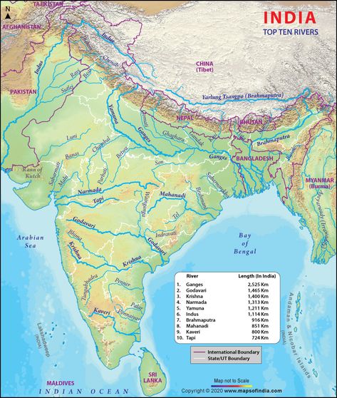 Find here the top 10 rivers in India by length in kilometers along with a map. Also, know from where they originate and end. Himalayas Map, Indian River Map, Rivers In India, Rivers Of India, Ancient India Map, India World Map, World Geography Map, Basic Geography, Map Of India