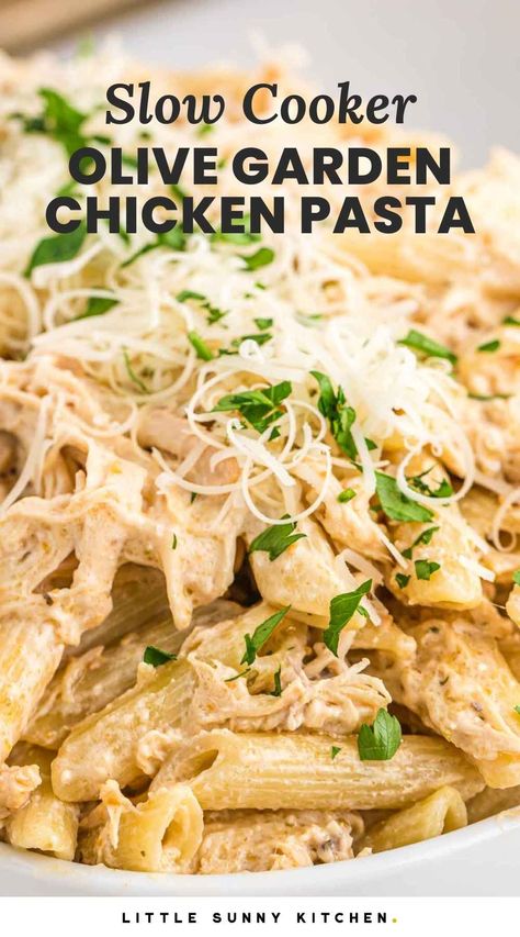 Olive Garden Chicken Pasta made with Italian Dressing and Cream Cheese in the crockpot. This easy dinner recipe is a family favorite slow cooker meal. Olivia Garden Chicken Pasta, Olive Garden Chicken Pasta Crockpot, Pasta With Italian Dressing, Dressing And Chicken, Olive Garden Chicken Pasta, Italian Dressing Recipe, Olive Garden Italian Dressing, Ketone Recipes, Italian Chicken Crockpot