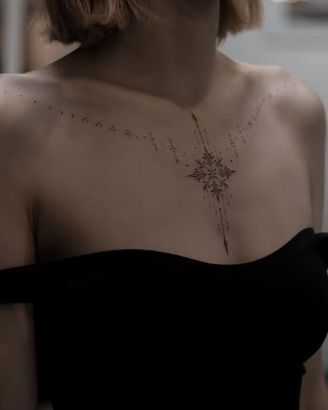 Delicate Chest Tattoo Female, Star Tattoos On Chest, Upper Chest Tattoo Female, Chest Tattoo Designs Female, Clavicle Tattoo, Necklace Tattoo, Animal Tattoo Ideas, Boho Tattoos, Dot Tattoos