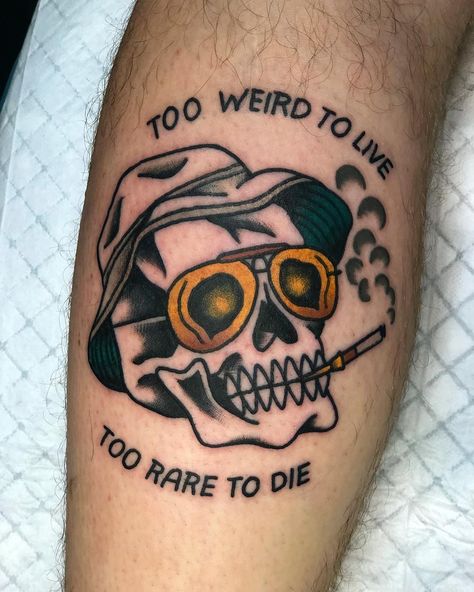 𝐌 𝐉 𝐅𝐎𝐑𝐑𝐄𝐒𝐓 on Instagram: “The skull of Dr Hunter S Thompson inspired by a pearler of a @mike_tea_tattoos tattoo. Cheers @ciggypiggy” Skeleton Cheers Tattoo, Weird Traditional Tattoo Flash, Funny Traditional Tattoo Old School, Music American Traditional Tattoo, Men Traditional Tattoo Ideas, Dude Sweet Tattoo, Fear And Loathing Tattoo, M M Tattoo, Hot Mulligan Tattoo