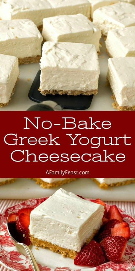 These No-Bake Greek Yogurt Cheesecake Squares are creamy and delicious with a wonderful tangy-sweet flavor thanks to the addition of whole-milk Greek yogurt and cream cheese. Your guests will love this easy dessert! Greek Yogurt Dessert Recipes, Recipes With Greek Yogurt, Yogurt Dessert Recipes, Greek Yogurt Dessert, Low Carb Dessert Recipes, Low Carb Greek Yogurt, Greek Yogurt Cheesecake, Yogurt Cheesecake, Cheesecake Squares