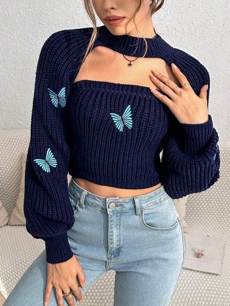 Crop Shrug, Women Clothing, Butterflies, Collar, Wall, Blue