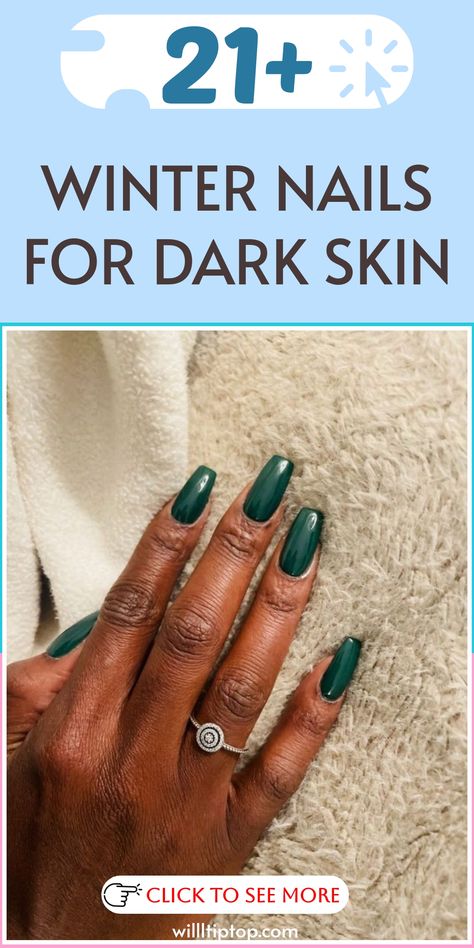 Discover stunning Winter Nail designs that beautifully complement dark skin tones, enhancing your natural beauty with grace. Explore rich jewel tones and shimmering metallics handpicked to make your nails pop elegantly this season. Embrace confidence and style with chic manicure ideas crafted for dark skin beauties. Let your unique radiance shine through this winter! Teal Blue Nails Designs, Elegant Natural Nails, Dark Nails Designs, Turquoise Nail Ideas, Forest Green Nail Designs, Winter Nails Dark, Nails Dark Skin, Winter Nails 2023, Metallic Nail Colors