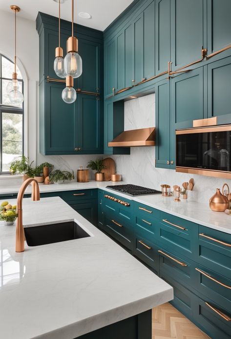 Teal Gold Kitchen, Teal Kitchen Island With White Cabinets, Two Tone Teal Kitchen Cabinets, Blue Cabinets With Copper Hardware, Gray And Teal Kitchen, Modern Teal Kitchen, Black And Teal Kitchen Ideas, Teal Copper Kitchen, Copper Color Combinations