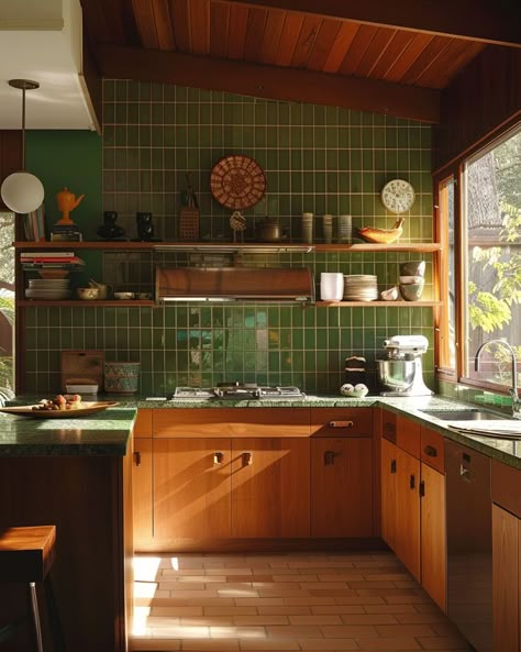 Retro 70s kitchen featuring bold wallpaper and wood paneling Dark Eclectic Kitchen, 70s Style Decor Interior Design, 1950s Homes Interior, Retro Kitchen Modern, Retro Style Home Decor, Kitchen Retro Modern, Green And Wooden Kitchen, 70s Aesthetic Kitchen, Vintage Kitchen Ideas 1950s