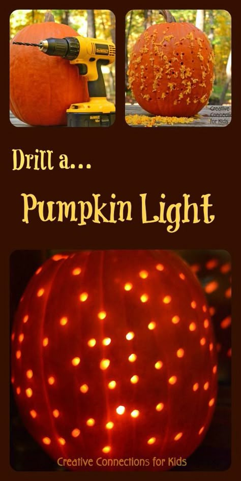 Drill a pumpkin light ~ Creative Connections for Kids Deco Halloween, Creative Pumpkin Carving, Bookshelf Organization, Pumpkin Designs, Diy Halloween Decor, Pumpkin Carving Ideas, Pumpkin Lights, Fall Craft, Theme Halloween