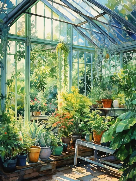 Anime Greenhouse Background, Greenhouse Illustration Art, Green House Painting, Glasshouse Illustration, Watercolor Greenhouse, Green House Drawing, Green House Illustration, Greenhouse Drawing, Greenhouse Painting