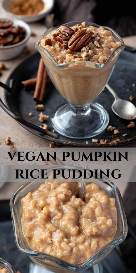 Pumpkin rice pudding - this easy vegan rice pudding is delicious, creamy, comforting and so satisfying. Flavoured with pumpkin puree and warming spices it is the perfect Autumnal dessert, snack or even breakfast. Vegan Rice Pudding Recipe, Vegan Rice Pudding, Vegan Thanksgiving Dessert, Baked Rice Pudding, Rice Recipes Vegan, Vegan Pumpkin Spice, Vegan Pumpkin Recipes, Vegan Rice, Pumpkin Pudding