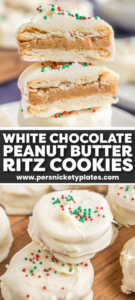 Peanut Butter Ritz Crackers White Chocolate, Easy Christmas Cookies Peanut Butter, Christmas Peanut Butter Ritz Crackers, White Chocolate Covered Peanut Butter Ritz Crackers, Ritz Cookies Recipes, Peanut Butter Ritz Cookies, Fluffernutter Ritz Cookies, White Chocolate Peanut Butter Ritz, Dipped Ritz Cookies Peanut Butter