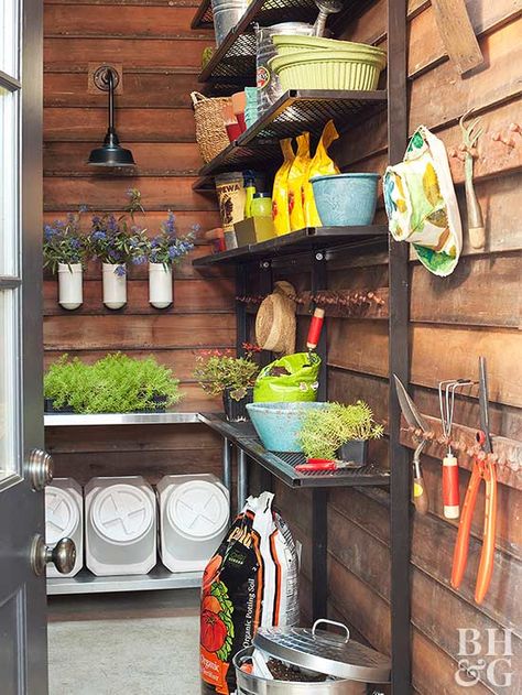 All garden sheds need a wall of shelves as they play an important role in keeping your space clean and tidy. To make your unit work best for you, organize your tools in order of what you use most. Store everyday items on the middle shelves within reach and seasonal up top or down below. Diy Storage Shed Plans, Diy Storage Shed, Best Garden Tools, Wood Shed Plans, Shed Organization, Creative Storage Solutions, Storage Shed Plans, Garden Tool Storage, Wood Shed