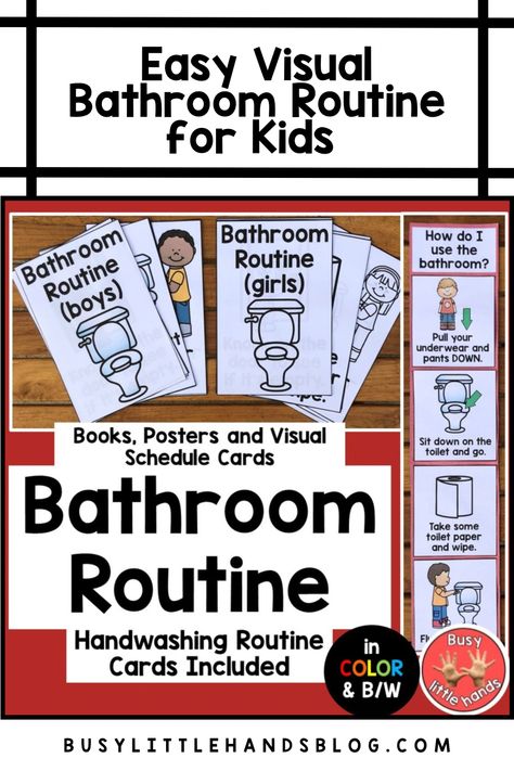 Teaching students how to use the bathroom independently can be tough. That's why we created this simple, easy-to-understand bathroom routine visual for kids! This activity was made for differentiation, and to help determine exactly what each child needs to be able to use the bathroom completely on their own. This bathroom routine chart provides step-by-step instructions, using pictures and written instructions, making it easy for kids to understand and follow. Read more now! Bathroom Visuals For Kids, Bathroom Rules Printable, Routine For Kids, Preschool Assessment, Kindergarten Special Education, Bathroom Routine, Books Posters, Differentiated Learning, Routine Cards