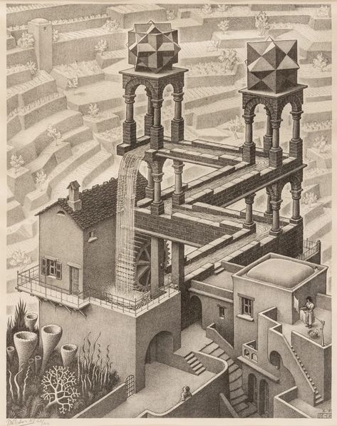 Artwork by Maurits Cornelis Escher, Waterfall, Made of lithograph Escher Waterfall, Escher Paintings, Escher Drawings, Maurits Cornelis Escher, Oil Painting Pictures, M C Escher, Mc Escher, Home Wall Art, Style Retro