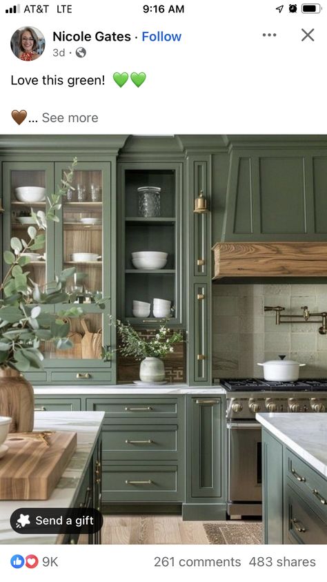 Green China Cabinet, Classic Timeless Kitchen, Green Kitchen Inspiration, Olive Kitchen, Green Kitchen Accessories, Timeless Kitchen Design, Green Kitchen Designs, Green Kitchen Decor, Kitchen 2024