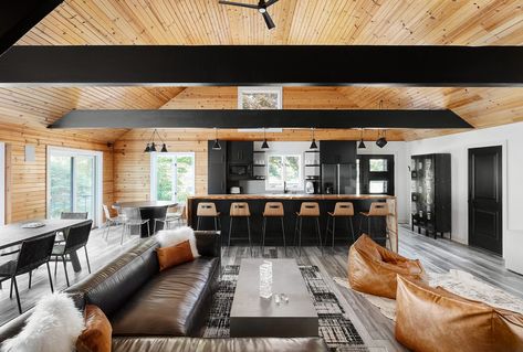 Masculine Cabin, Black And Wood Interior, Modern Cabin Interior Design, Modern Cabin Interior, Camp Cabin, Chicago Interiors, Black Cabin, Cabin Interior Design, Chicago Interior Design