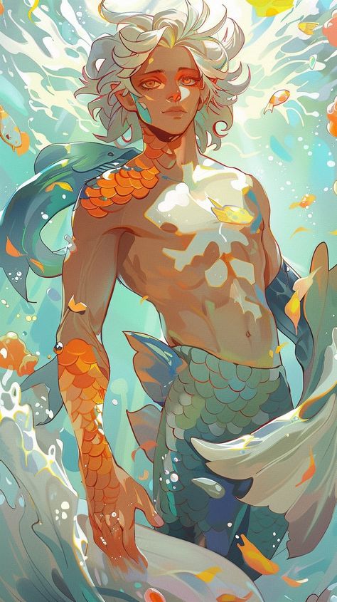 Merman Reference Pose, Merfolk Pose Reference, Mer Man Art, Merfolk Concept Art, Mermaid In Human Form, Mermaid And Human Art, Jellyfish Character Design Male, Fantasy Fish People, Mermaid And Human Poses