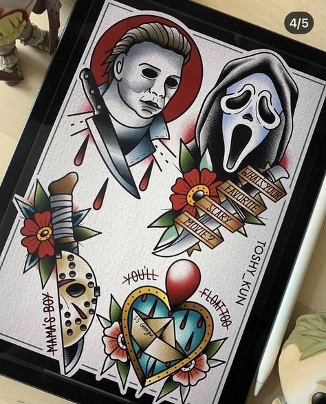 Traditional Horror Tattoo Sleeve, Horror Traditional Tattoo Flash, Michael Myers Traditional Tattoo, Scream Traditional Tattoo, Neotraditional Horror Tattoo, Horror Themed Tattoos Sleeve, American Traditional Tattoos Horror, Traditional Style Horror Tattoo, Horror Icon Tattoos