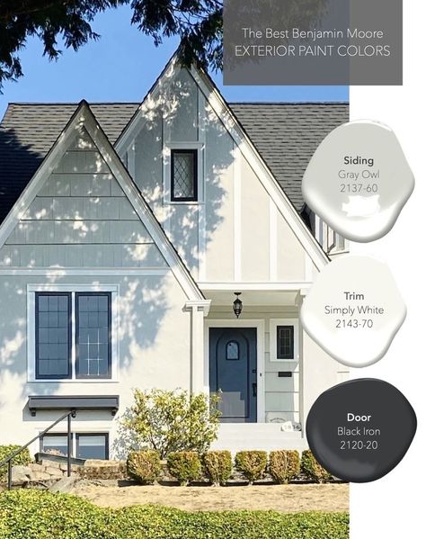 Exterior paint colors, color schemes, black front door, two tone, Benjamin Moore, Gray Owl 2137-60, Simply White 2143-70, Black Iron 2120-20 Gray Owl Exterior, Exterior Painted Brick House, Benjamin Moore Exterior Paint Colors, Exterior Painted Brick, Best Exterior Paint Colors, Benjamin Moore Exterior Paint, Benjamin Moore Grey Owl, Exterior House Colours, House Paints