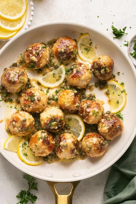 Chicken Picatta Meatball Recipe, Chicken Piccata Meatballs, Erin Lives Whole, Healthy Green Bean Casserole, Meatball Dinner, Caper Sauce, Baked Chicken Parmesan, Chicken Piccata, Chicken Meatballs