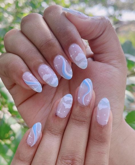 Blue Cloud Nail Designs, Nails Cloud Design, Cute Cloud Nail Art, Light Blue Nail Art Design, Simple Nail Designs Pastel, Lavender Cloud Nails, Light Blue Nails Clouds, Sky Inspired Nails, Pink And Blue Cloud Nails