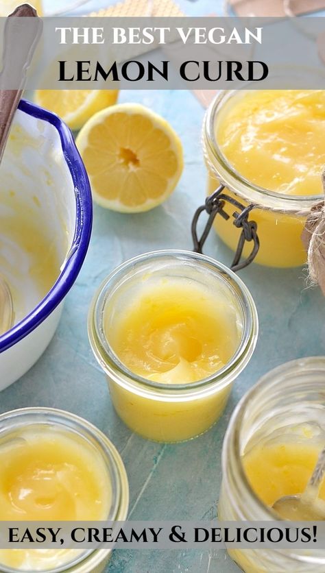 Vegan lemon curd -a sweet, creamy, intensely lemony spread that is totally vegan and ready in under ten minutes! #eggless #dairyfree #veganbreakfast Lemon Curd Recipe Vegan, Vegan Lemon Pudding, Vegan Lemon Custard, Eggless Lemon Curd, Vegan Lemon Curd Recipes, Vegan Lemon Recipes, Vegan Tart, Vegan Lemon Desserts, Dairy Free Lemon Curd