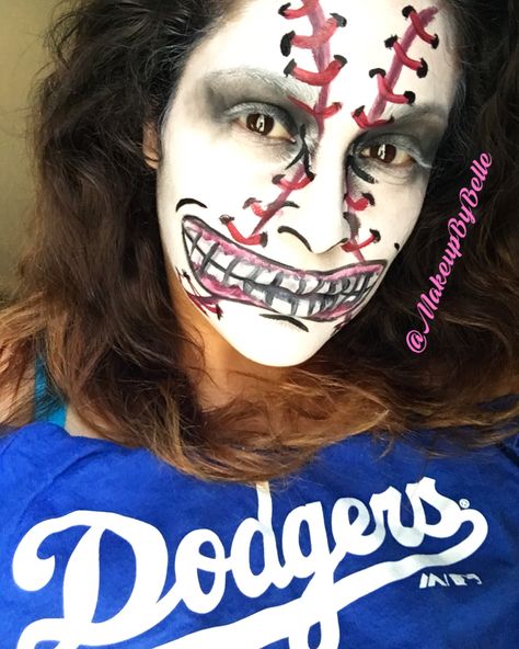 Baseball Face Paint, Baseball Makeup, Halloween Makeup Sugar Skull, Dodger Baseball, Dodgers Baseball, Colorful Makeup, Face Painting, Halloween Makeup, Sugar Skull