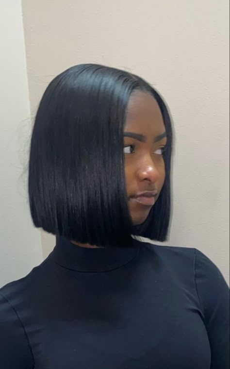 Middle Part Bob Natural Hair, Micro Bob Black Women, Silk Press Natural Hair Short Bob Middle Part, Black Women With Bobs, Bob Sew In Weave With Leave Out, Straight Bob Black Women, Bob Hairstyles For Black Women Middle, Real Hair Bob Black Women, Bob On Natural Hair Black Women