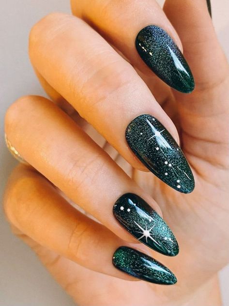 Dark January Nails, Moody Winter Nails, Winter Cat Eye Nails, Dark Holiday Nails, January Gel Nails, Winter Solstice Nails, Yule Nails, Nye Nail Ideas, Galactic Nails