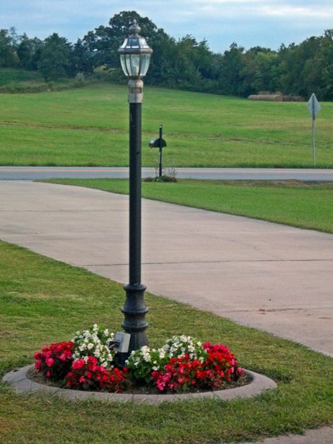 The Lamp Post  photo by Joy Fussell Light Post Landscaping, Front Yard Lighting, Gardens Backyard, Budget Landscaping, Driveway Lighting, Outdoor Lamp Posts, Lamp Post Lights, Brick Exterior, Yard Lights