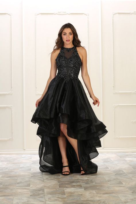 Black High Low Dress Formal, High Low Prom Dresses Black, High And Low Dress Gowns, High Low Black Dress, Hi Low Dress Formal, Hi Low Dress, High Low Dresses, Black Mesh Prom Dress, High Low Party Dresses