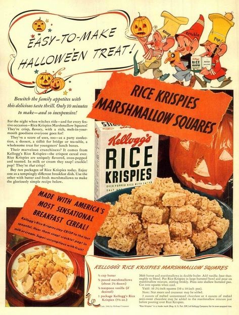 Vintage Halloween Recipes, Muffins Halloween, Halloween Rice Krispies, Marshmallow Squares, Vintage Halloween Images, Frozen Waffles, Food Manufacturing, Food Ads, Rice Krispie Treats