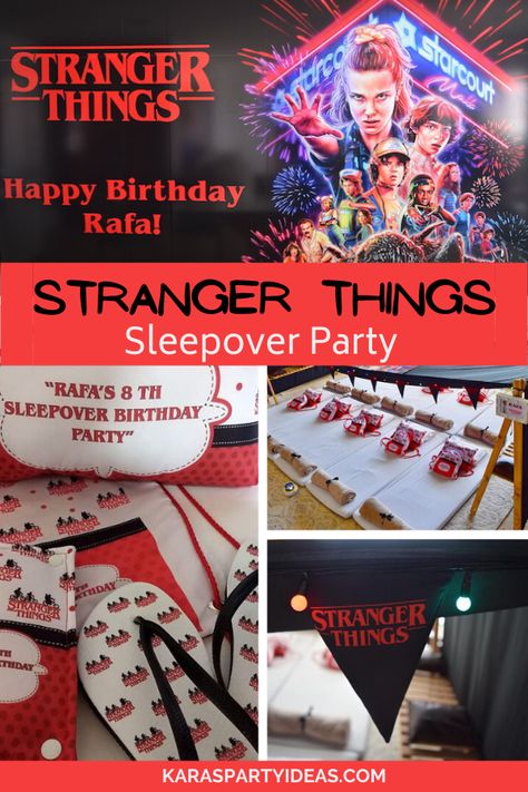 Kara's Party Ideas Stranger Things Sleepover Party | Kara's Party Ideas Stranger Things Gift Bags, Stranger Things Party Favor Ideas, Stranger Things Birthday Theme, Stranger Things Birthday Games, Stranger Things Sleepover Ideas, Stranger Things Birthday Party Decorations, Stranger Things 11th Birthday Party, Stranger Things Bday Party Ideas, Stranger Things Sleepover