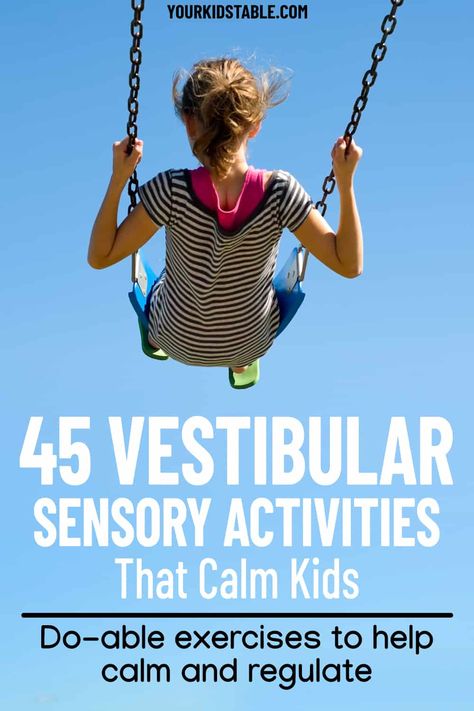 Whether you’ve got a sensory seeking or sensory avoidant kid, vestibular activities can be a powerful tool to help bring sensory regulation and calm to their bodies. Learn 45+ vestibular exercises to try with your child, as well as guidelines for how to address the vestibular system through a sensory diet. Vestibular Sensory Activities, Vestibular Exercises, Airfryer Baking, Vestibular Activities, Sensory Integration Activities, Proprioceptive Activities, Sensory Regulation, Kids Exercise Activities, Stimulation Activities