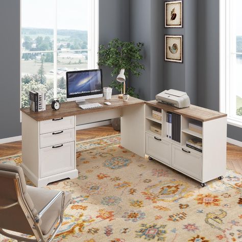 PRICES MAY VARY. Sturdy & Durable Executive Desk: This desk with storage is made from high quality MDF wooden boards, which are scratch resistant, waterproof, and easy to clean. This writing desk features a charging station with two power outlets, a USB port, and a Type-C port, ensuring easy access to power for your phone, laptop and other devices Ample Storage Space: This 60" desk and 39.4" file cabinet set offers great storage options to keep your office organized. The file cabinet is equipped L Shaped Farmhouse, Cabinet Charging Station, Office Desk With Drawers, Desk With Storage, Wooden Boards, Home Study, L Shaped Desk, Executive Desk, Home Desk