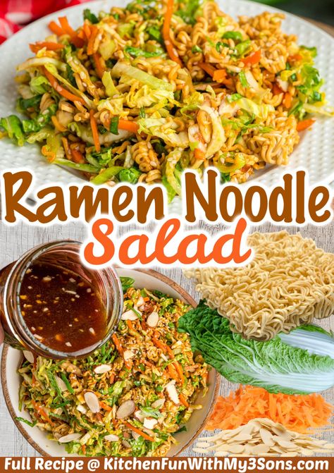 Basic packets of ramen noodles are repurposed into a crunchy Asian-inspired salad with ingredients like cabbage, carrots, and almonds, in this Ramen Noodle Salad recipe. Ready in 20 minutes! #saladrecipes #easylunchideas #ramennoodlerecipes Roman Noodle Salad, Ramen Cabbage Salad, Asian Ramen Noodle, Chinese Cabbage Salad, Asian Ramen Noodle Salad, Asian Cabbage Salad, Noodle Salads, Asian Ramen, Asian Salad Recipe