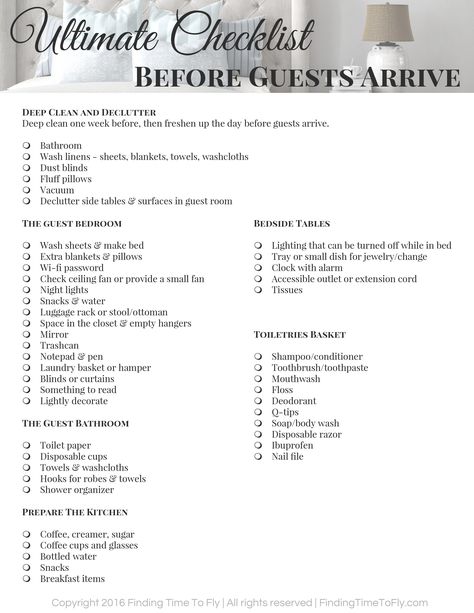 Know exactly how to prepare for overnight guest with this Ultimate Checklist for Before Guests Arrive. Includes a printable checklist! Guest Checklist, Airbnb Checklist, Guest Room Essentials, Small Guest Bedroom, Airbnb House, House Guests, Guest Bedroom Decor, Guest Room Decor, Hosting Guests