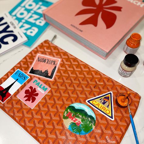 Goyard Painted Bags, Painted Goyard, Goyard Clutch, Goyard Purse, Goyard Tote, Orange Backpacks, Diy Tote, Travel Patches, Handpainted Bags