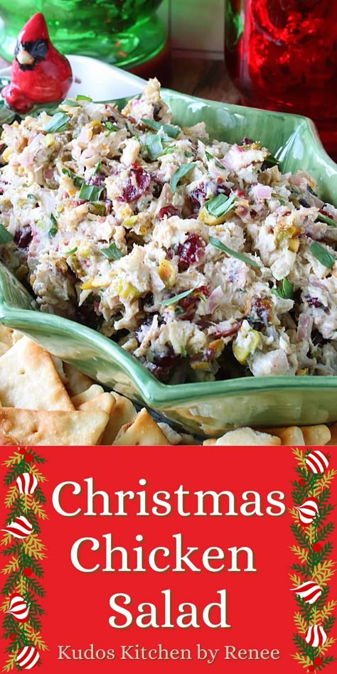 You may think that with a name like Christmas Chicken Salad, you can only make and serve this delicious chicken salad for the holidays. Not so. You'll want to serve it any time of the year. It's THAT good!! #chickensalad #christmaschickensalad #christmasappetizers #christmasrecipes #cranberryorangechickensalad #cranberrypistachiochickensalad #nocookchickensalad #rotisseriechickensalad Holiday Chicken Salad, Christmas Party Salad Ideas, Christmas Chicken Salad, Chicken Ramen Recipes, Christmas Lunch Easy, Cranberry Chicken Salad Recipe, Homemade Chicken Ramen, Christmas Recipes Drinks, Chicken Salad With Cranberries