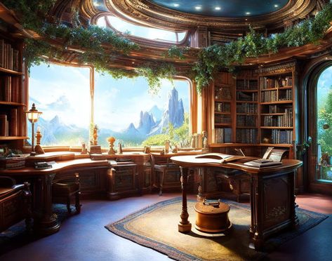 Fantasy Tree House Interior, Fantasy Office Room, Fantasy House Interior Art, Fantasy Study Room, Fantasy Cottage Interior, Fantasy House Interior, Fantasy Office, Enchanted Library, Fantasy Interior