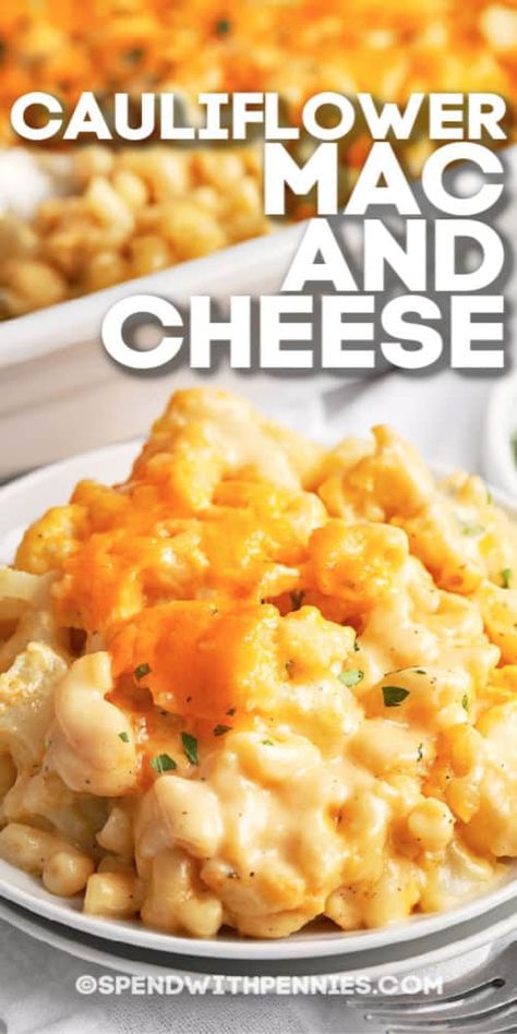 Cauliflower mac and cheese is an easy, cheesy recipe! Made with cauliflower and macaroni tossed in a homemade cheese sauce and baked until bubbly and delicious. Try as a tasty side dish, or serve as a meatless main! #spendwithpennies #cauliflowermacandcheese #macandcheese #meatlessmaindish #sidedish #cheesypasta #cauliflowermac Baked Cauliflower Mac And Cheese, Macncheese Recipe, Mac And Cheese Healthy, Mac And Cheese Casserole, Homemade Cheese Sauce, Cauliflower Mac And Cheese, Easy Cauliflower, Meatless Main Dishes, Baked Cauliflower