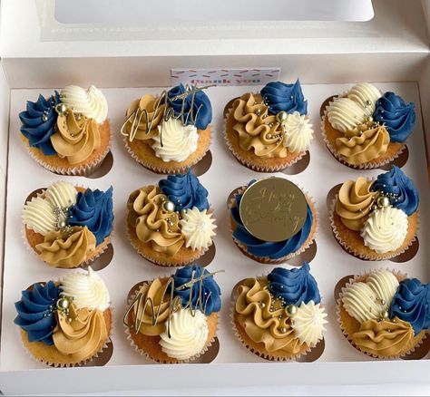 Royal Blue And Gold Cupcakes, Navy Blue And Gold Cupcakes, Blue And Orange Cupcakes, Gold And Navy Cupcakes, Blue And Gold Cupcakes, Blue Silver Gold Cupcakes, Beautiful Cupcakes Birthday, Cupcake Icing Designs, Rose Cake Pops