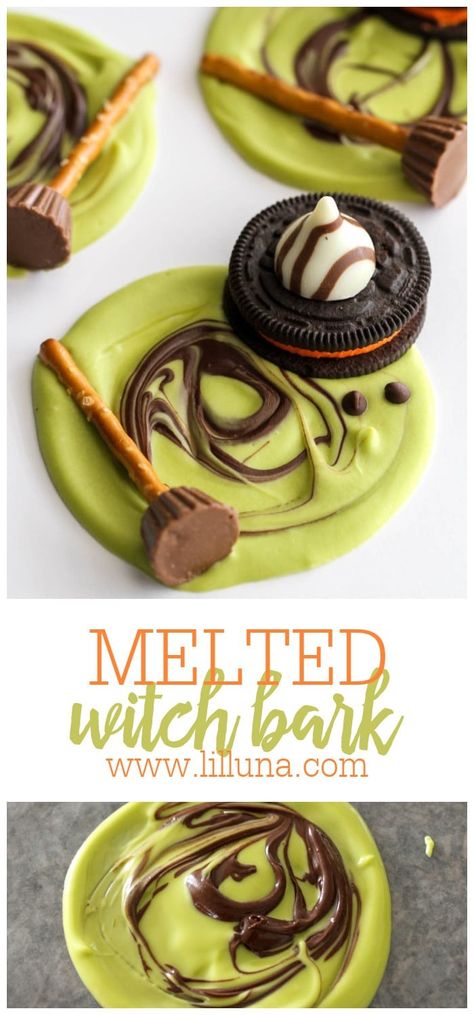 Simple sweet Melted Witch Bark is SO cute and festive. It's perfect for a party activity and tastes yummy! #meltedwitchesbark #witchesbark #meltedwitch #halloweenbark #halloween Melted Witch Cookies, Melted Witch Bark, October Foods, Witch Treats, Halloween Treats Recipes, Halloween Edible Crafts, Bday Treats, Witchy Birthday, Halloween Meal