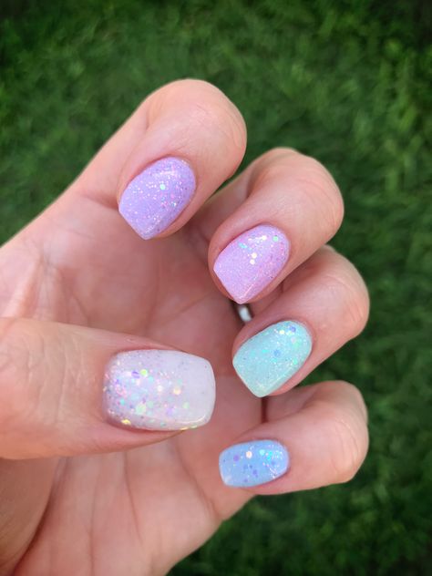 Multi Color Glitter Nails, Unicorn Gel Nails, Pastel Sparkle Nails, Spring Nails Sparkle, Peppi Gel Nails, Spring Sparkle Nails, Sparkle And Co Dip Powder, Unicorn Dip Nails, Subtle Sparkle Nails