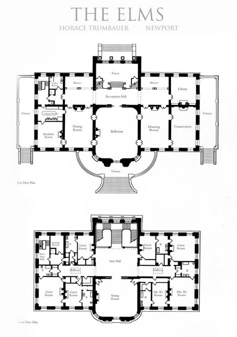 The Elms: 1st & 2nd floor plan. I found this on Tyler Y. Hughes' board "My Newport." Thanks, Mr. Hughes! This and the picture of the cross hall popped up in time to be pinned with the rest of the Elms' photos. JC Marble House Newport, Gothic House Plans, Country House Floor Plan, Manor House Plans, Mansion Plans, Castle Floor Plan, Marble House, Mansion Floor Plan, Vintage House Plans