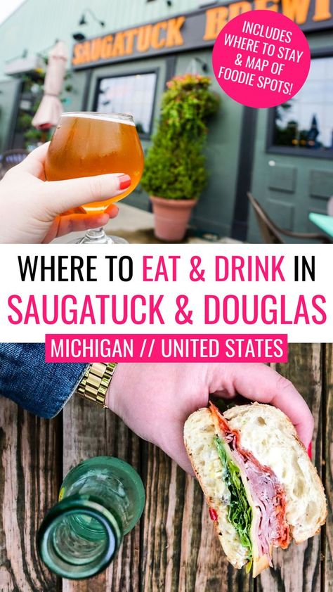 Where to eat and drink in Saugatuck and Douglas,  Michigan, United States, collage with the top photo of a woman's hand hold a craft beer in front of Saugatuck Brewing Company's Douglas pub, and the bottom image is an overhead shot of a woman's hand holding a Muffuletta sandwich next to a glass bottle with a wood background Best Places To Eat In Saugatuck, Saugatuck Michigan Restaurants, Saugatuck Michigan Bachelorette Party, Saugatuck Michigan Things To Do In, Usa Breakfast, Michigan Restaurants, Saugatuck Michigan, Travel Foodie, Michigan Summer