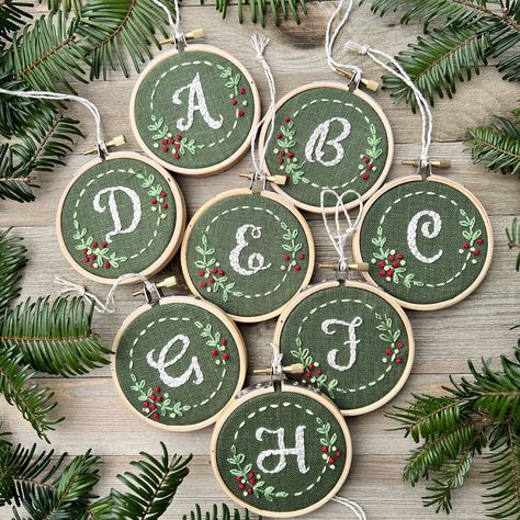 "See our other monogram kits here: https://www.etsy.com/ca/listing/896014343/christmas-ornament-embroidery-kit IF YOU ORDER A SET: the kits will be packaged together in one bundle, with one set of instructions and one needle for all. IF YOU ORDER A SINGLE: the kit will be packaged separately. IF GIFTING SEPARATELY PLEASE ORDER SINGLES. A Christmas ornament embroidery kit - the perfect personalized keepsake gift! Choose your letters and you'll receive everything you need to create a lovely ornament. Now with a full VIDEO stitch-a-long so you can see exactly how this is made! https://www.iheartstitchart.com/blogs/video-lessons/stitch-a-long-green-monogram-ornament The hoop measures a little more than 3\" wide, making it truly tiny and ideal for displaying on a tree!  Included in ornament kit Snowflake Ornaments Christmas, Best Embroidery Fabric, Hand Stitched Christmas Ornaments, Christmas Name Embroidery, Christmas Initial Embroidery, Diy Embroidered Christmas Ornaments, Diy Initial Ornaments, Wood Circle Christmas Ornaments, Christmas Embroidery Easy