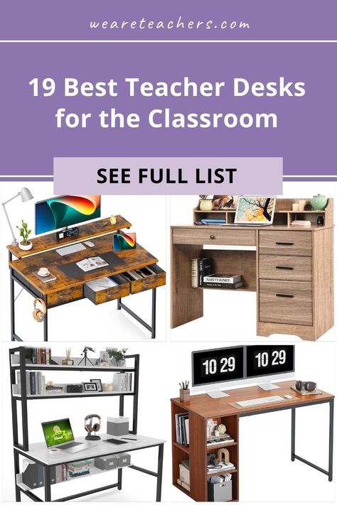 Looking for a new teacher desk? We've put together this list of classroom desks to suit any style or room size. Diy Teacher Desk, Classroom Teacher Desk, Classroom Setup Middle School, Teacher Desks, Teacher Desk Areas, Classroom Desks, Simple Writing Desk, Organizing Things, Teaching Classroom Decor